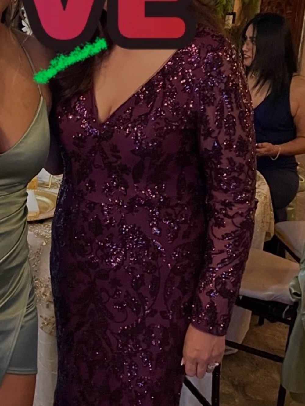 Adrianna Papell Deep Plum Sequin V-Neck Long Sleeve Gown